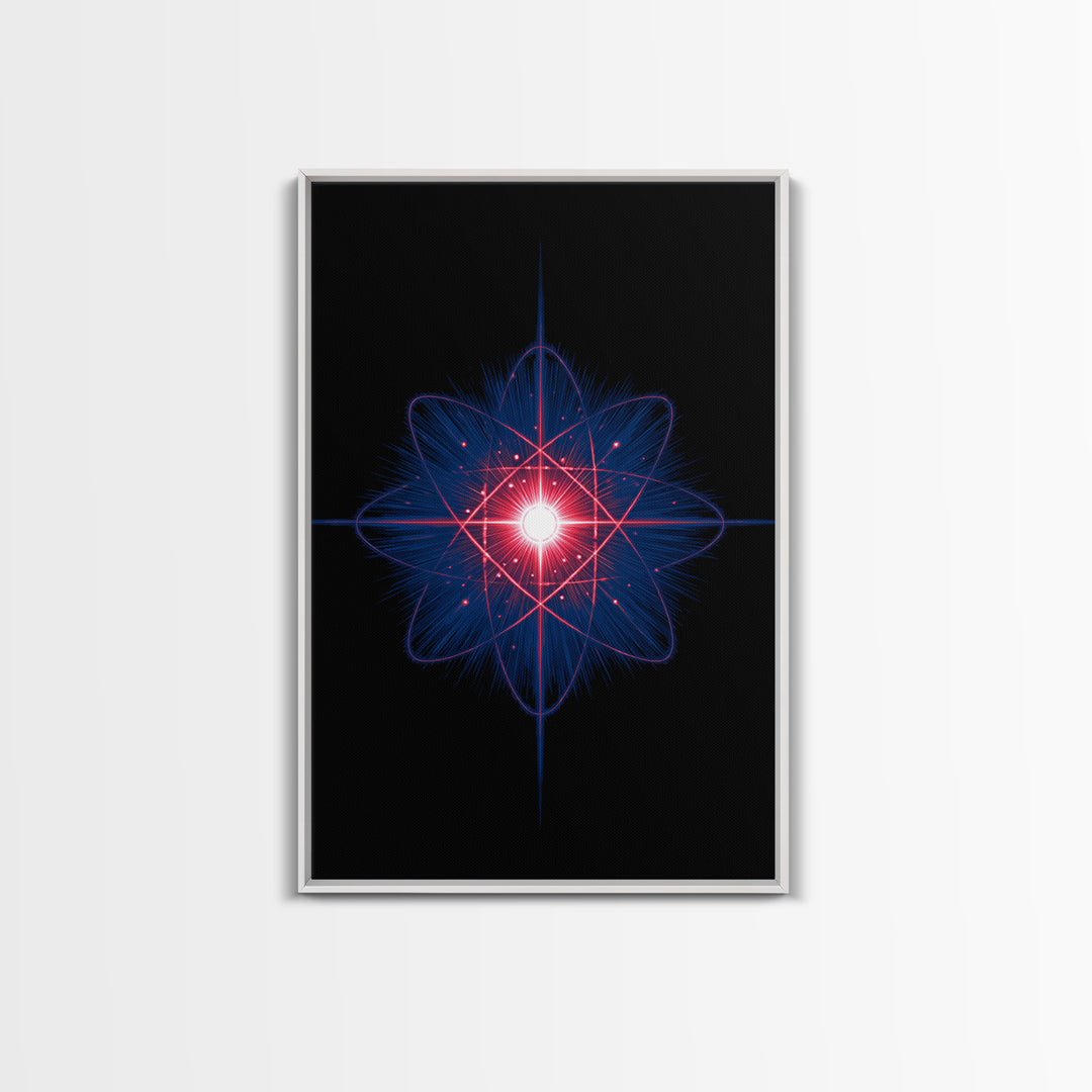 Neon Red Blue Atomic Starburst Canvas Print, Futuristic Space Abstract, Midcentury Modern Wall Decor, Sci Fi Home Office Art