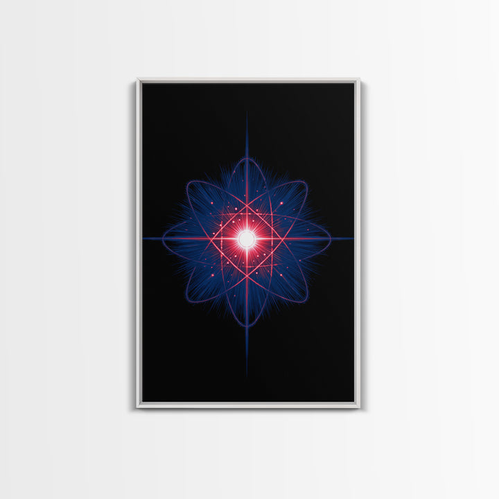 Neon Red Blue Atomic Starburst Canvas Print, Futuristic Space Abstract, Midcentury Modern Wall Decor, Sci Fi Home Office Art