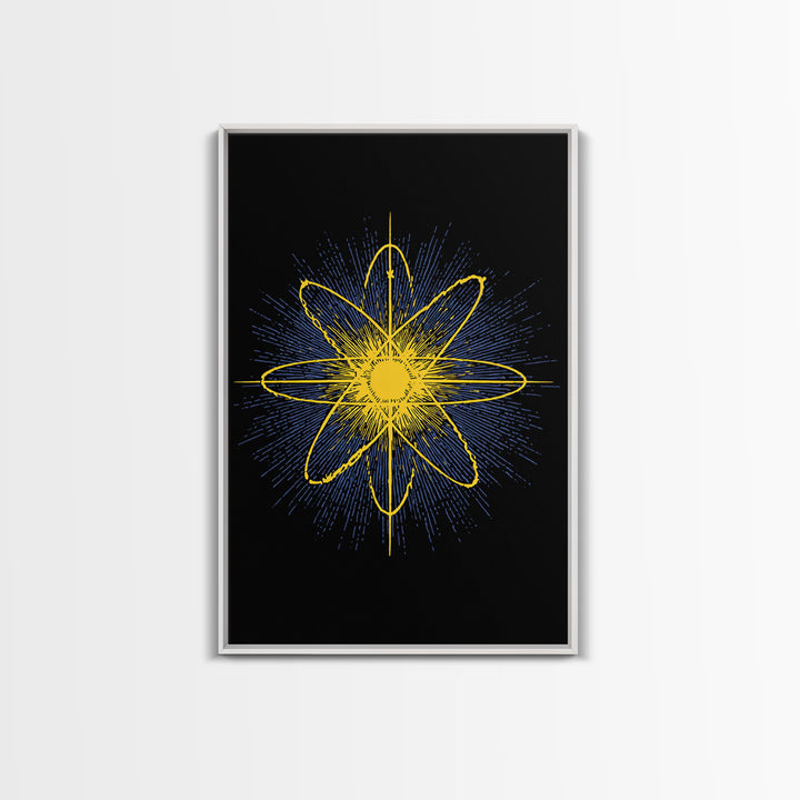 Yellow Atomic Burst Wall Art, Bright Modern Abstract Science Poster, Midcentury Space Decor, Geometric Art Print For Home Office
