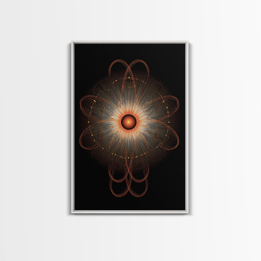Orange Radiant Atomic Flower Framed Canvas Print, Midcentury Modern Abstract, Retro Geometric Wall Decor, MCM Office Art