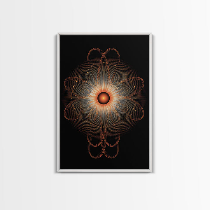 Orange Radiant Atomic Flower Framed Canvas Print, Midcentury Modern Abstract, Retro Geometric Wall Decor, MCM Office Art
