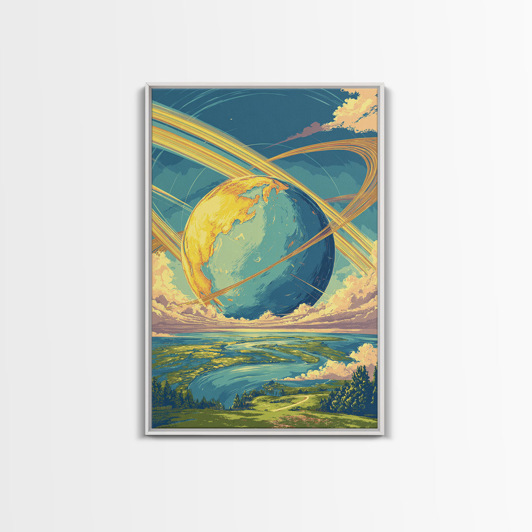 Dreamy Ringed Earth Landscape Wall Art, Retro Futuristic Travel Poster, Colorful Modern Space Decor, Scenic Canvas Print