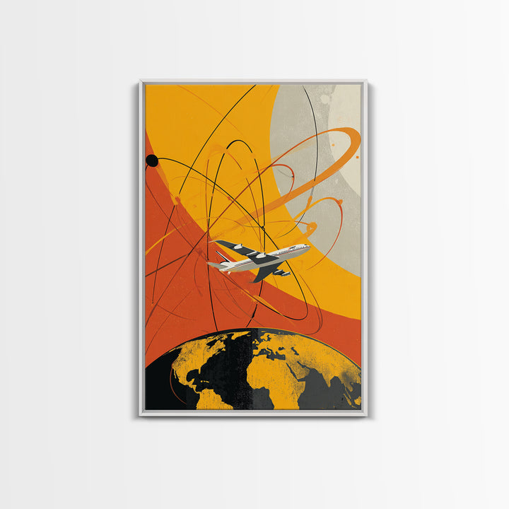 Orange Jet Airplane Orbit Wall Art, Retro Space Age Travel Poster, Midcentury Modern Aviation Decor, Bold Canvas Print For Office