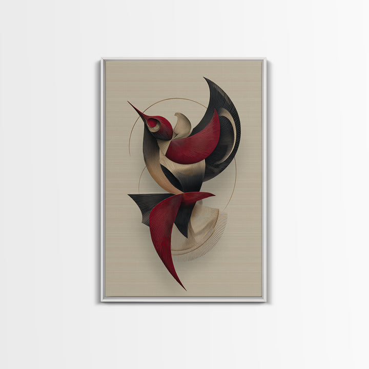 Red Black Beige Kinetic Abstract Bird Framed Canvas Print, Midcentury Modern Wall Art, Sculptural MCM Home Decor, Statement Piece