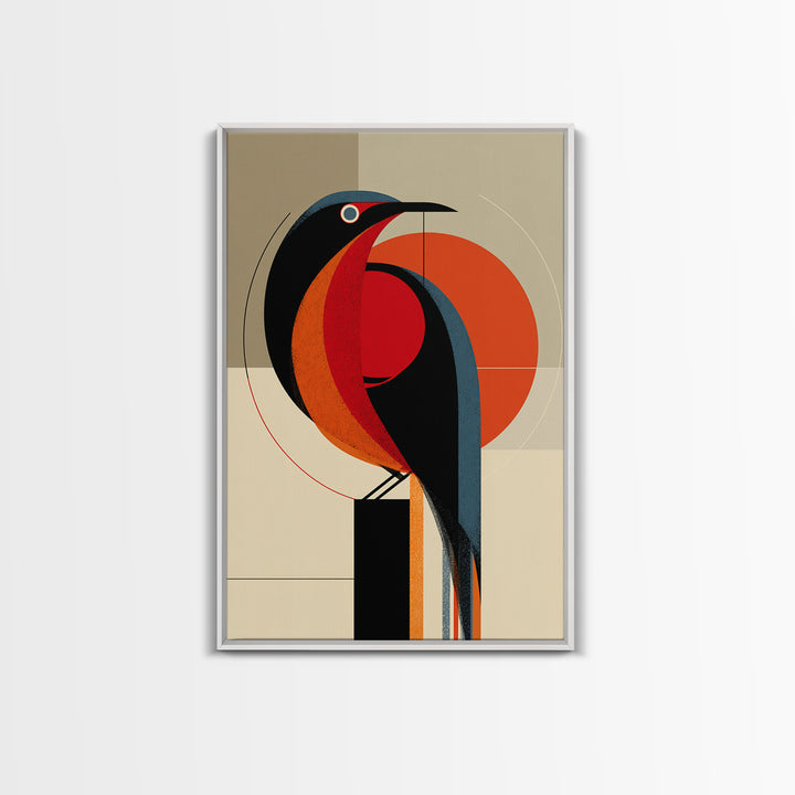 Orange Black Geometric Toucan Framed Canvas Print, Midcentury Modern Wall Art, Atomic Bird Poster, Bold MCM Decor, For Office