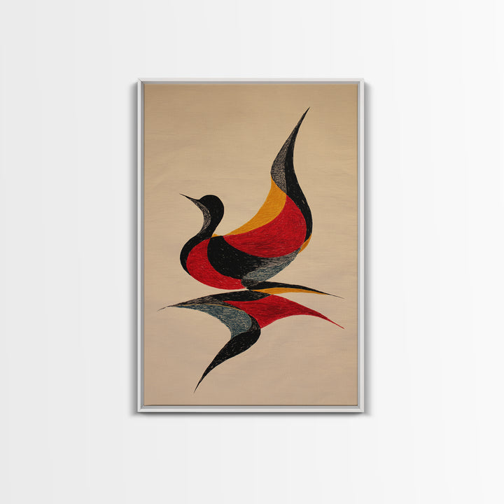 Red Black Abstract Bird Canvas Print, Midcentury Modern Wall Art, Retro Geometric Art, Warm Beige Living Room Decor, Gift