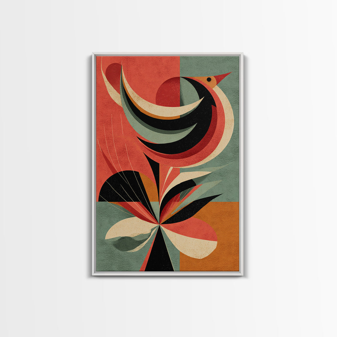 Retro Bird And Flower Wall Art, Midcentury Modern Canvas Print, Colorful Geometric Poster, MCM Botanical Home Decor, Gift