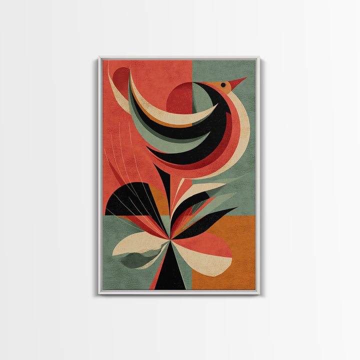 Retro Bird And Flower Wall Art, Midcentury Modern Canvas Print, Colorful Geometric Poster, MCM Botanical Home Decor, Gift