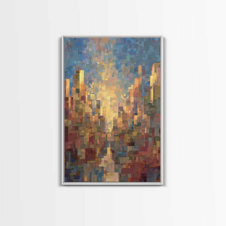 Pixelated Sunset Cityscape Wall Art, Modern Abstract Art Print, Urban Skyline Poster, Colorful Living Room Office Decor, Gift