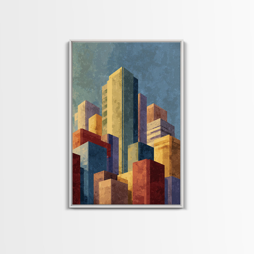 Golden Abstract City Skyline Wall Art, Mid Century Modern Print, Urban Architecture Decor, Colorful Office Living Room Poster