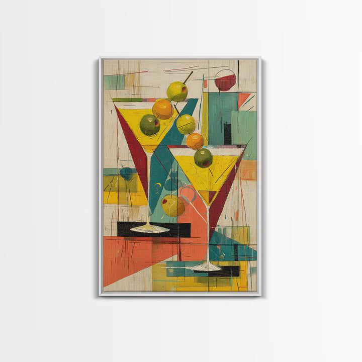 Retro Martini Glasses With Olives Wall Art, Mid Century Modern Bar Cart Decor, Cocktail Poster, Colorful Kitchen Art Print