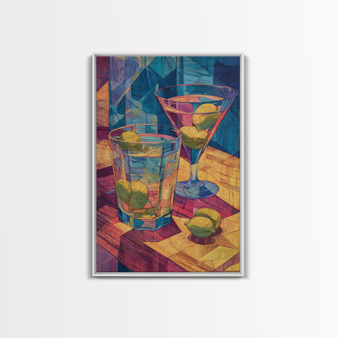 Cubist Cocktail Glasses With Limes Framed Canvas Print, Colorful Retro Wall Decor, Bar Cart Poster, Modern Kitchen Art Print