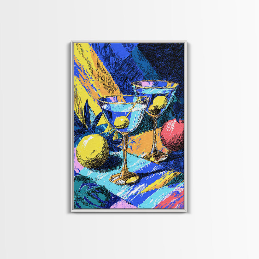 Bold Blue Martini Glasses With Lemons Canvas Print, Colorful Pop Art Bar Decor, Retro Cocktail Poster, Funky Kitchen Art
