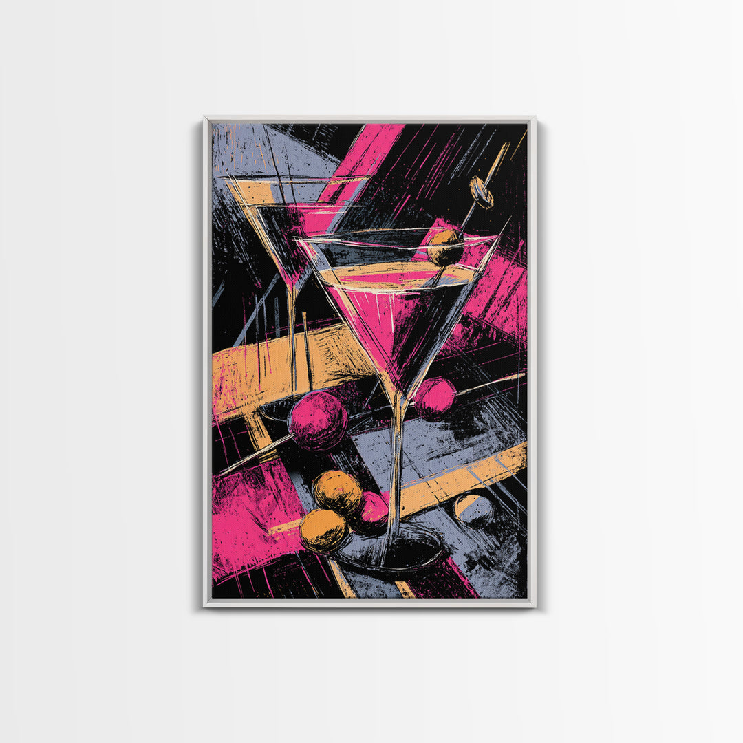 Neon Pink Martini Cocktail Wall Art, Retro Pop Art Bar Cart Decor, Maximalist Kitchen Poster, Bold Modern Canvas Print Gift