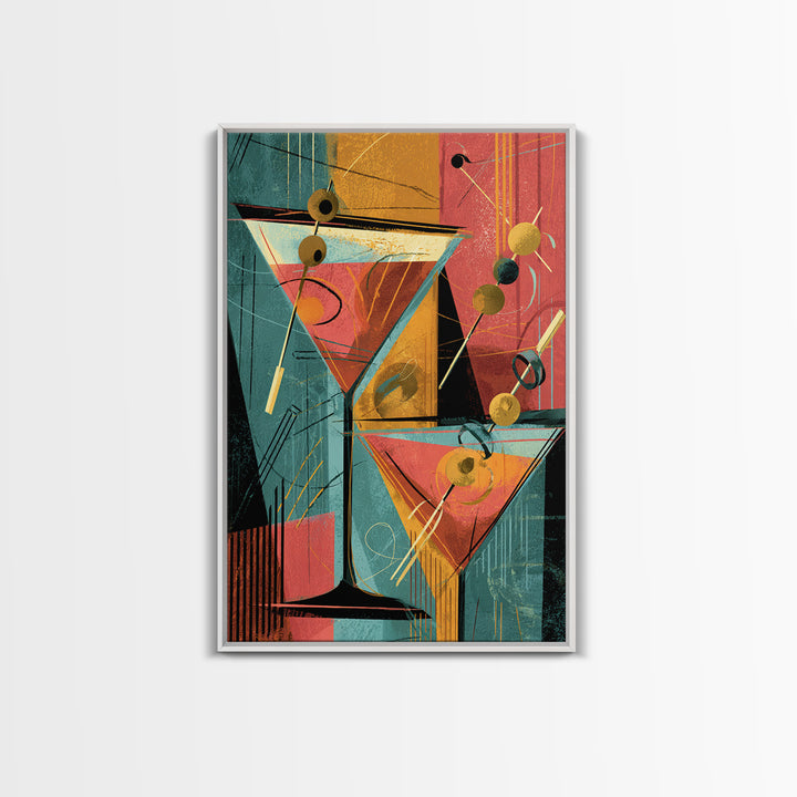 Atomic Martini Glasses With Olives Wall Art, Mid Century Modern Bar Decor, Retro Cocktail Poster, Geometric Kitchen Print