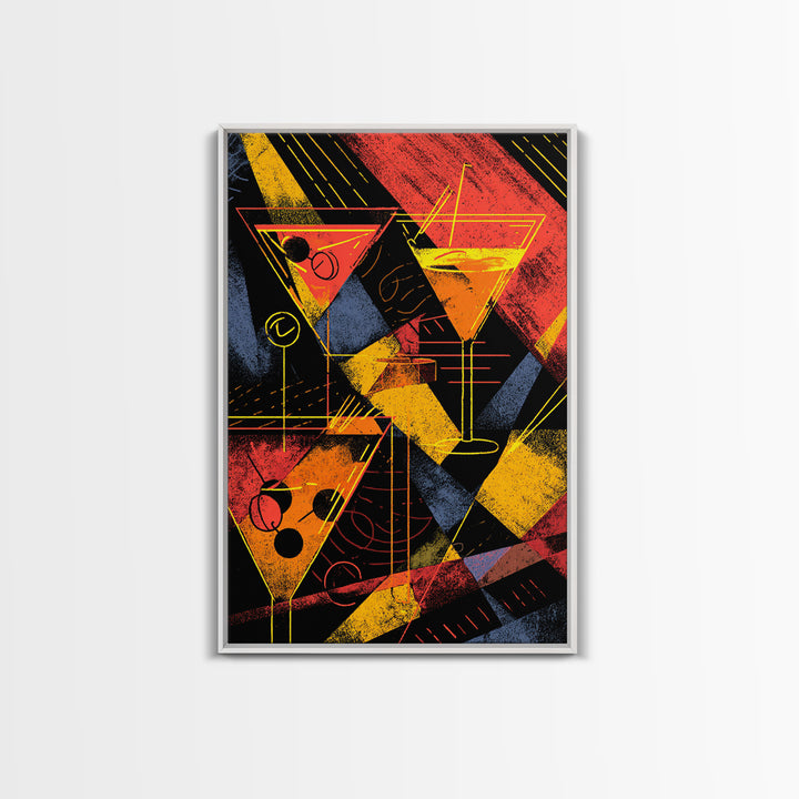 Graphic Martini Trio Canvas Print, Retro Cocktail Wall Decor, Bold Red Yellow Bar Cart Poster, Atomic Modern Kitchen Art