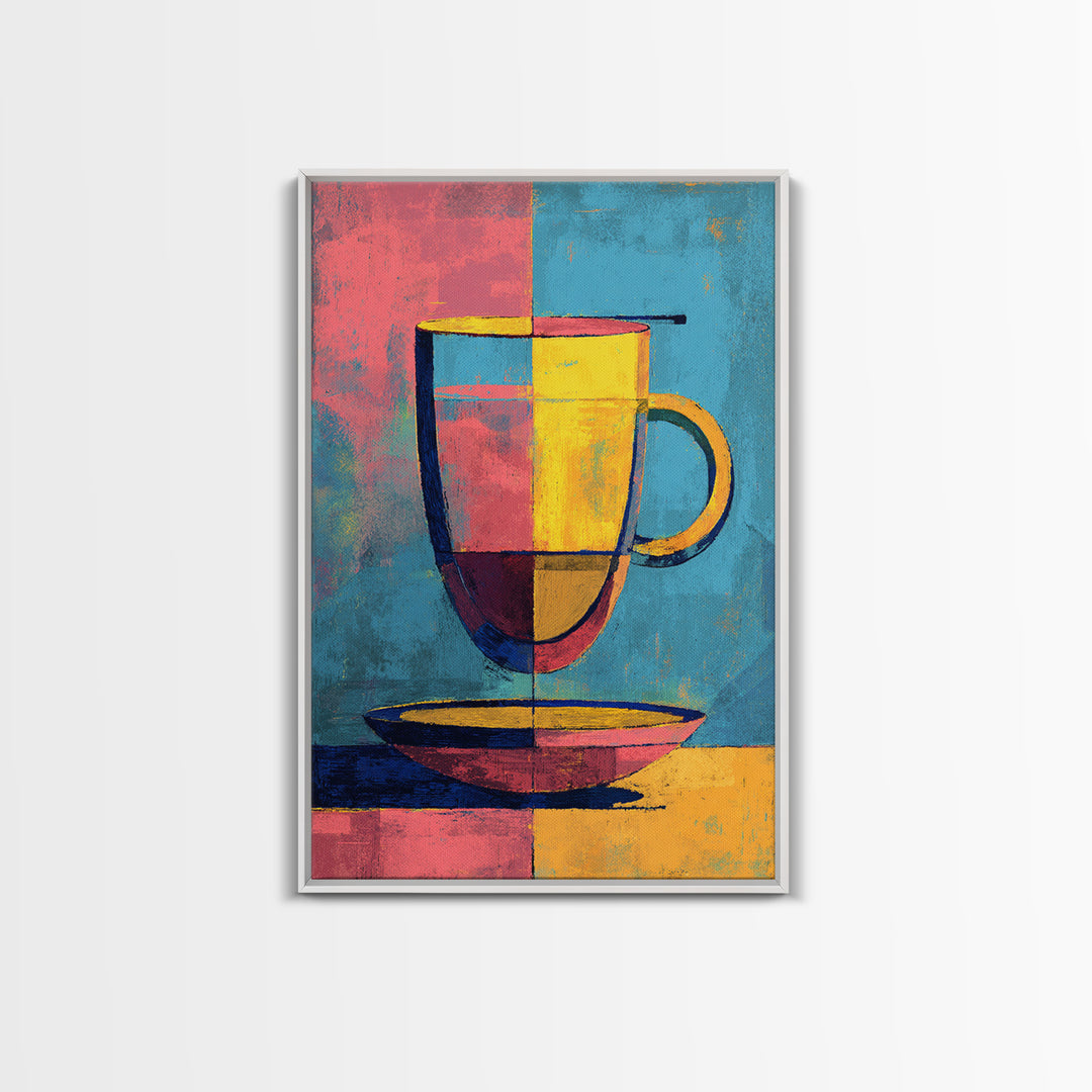 Colorful Modern Mug On Saucer Canvas Print, Mid Century Coffee Wall Decor, Abstract Kitchen Poster, Bold Cafe Art Print Gift