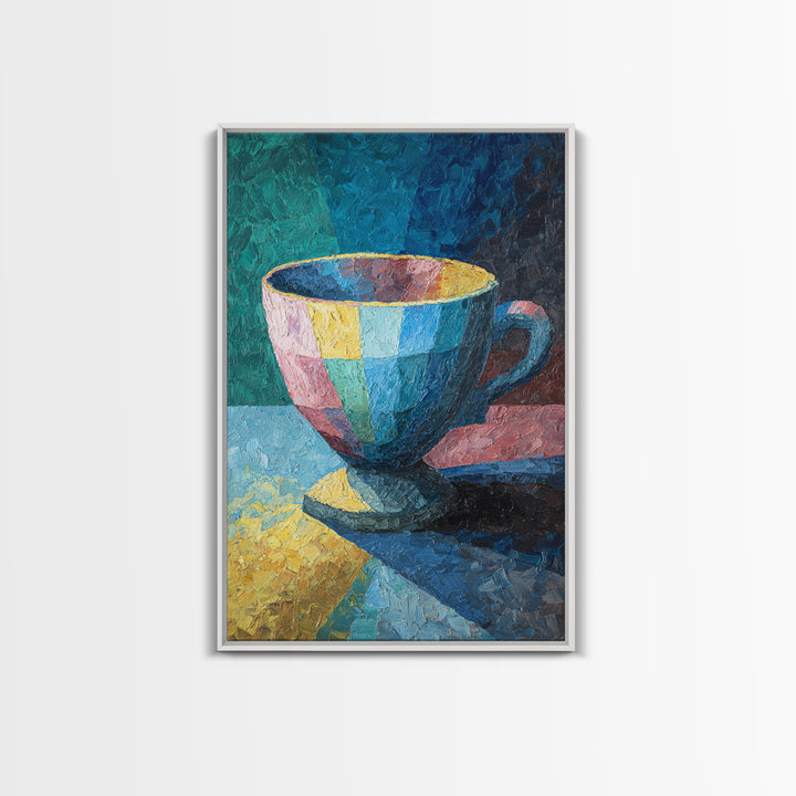 Colorful Teacup Oil Painting Canvas Print, Modern Kitchen Wall Art, Coffee Lover Gift, Vibrant Cafe Decor, Fine Art Print