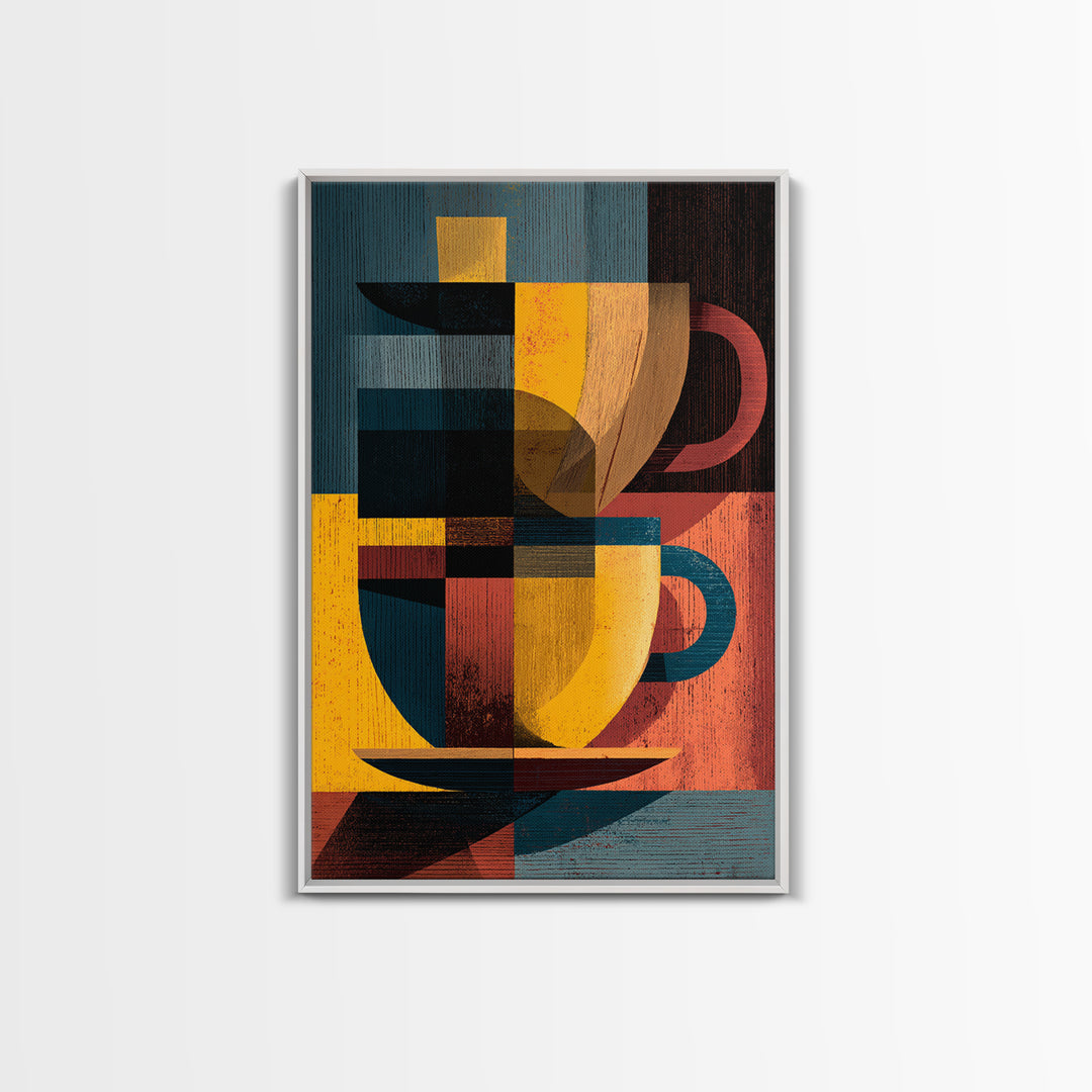 Geometric Cubist Coffee Cups Framed Canvas Print, Midcentury Modern Wall Art, Retro Kitchen Decor, Bold MCM Art Print, Home Decor