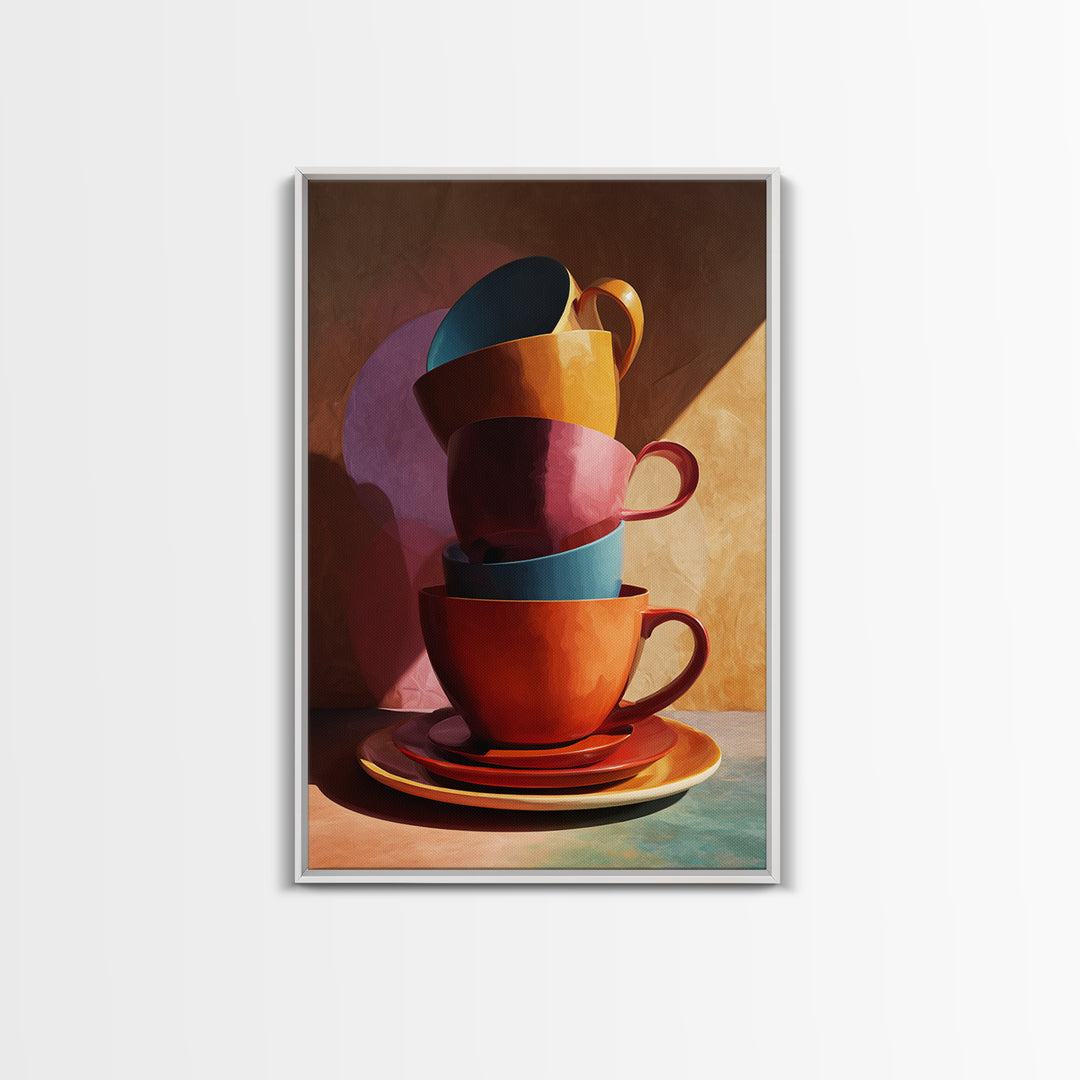 Stacked Colorful Coffee Cups Canvas Print, Modern Kitchen Wall Art, Retro Cafe Poster, Bright Home Decor, Coffee Lover Gift