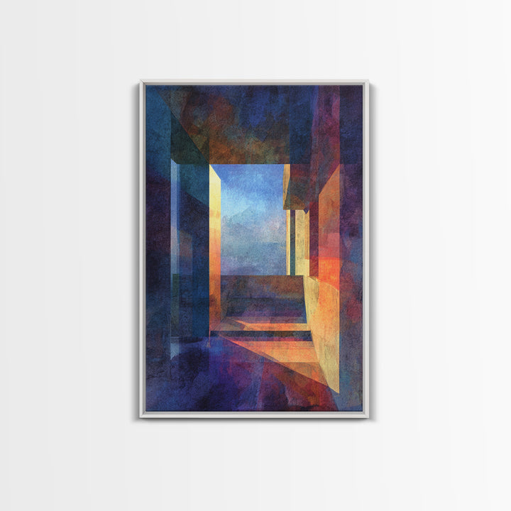 Abstract Architectural Hallway Canvas Print, Modern Wall Art, Geometric Perspective Art, Moody Blue Orange Home Office Decor