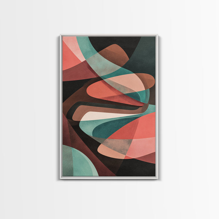 Coral Teal Dark Abstract Canvas Print, Modern Wall Art, Retro Geometric Decor, Moody Midcentury Living Room Poster, Home Office Art