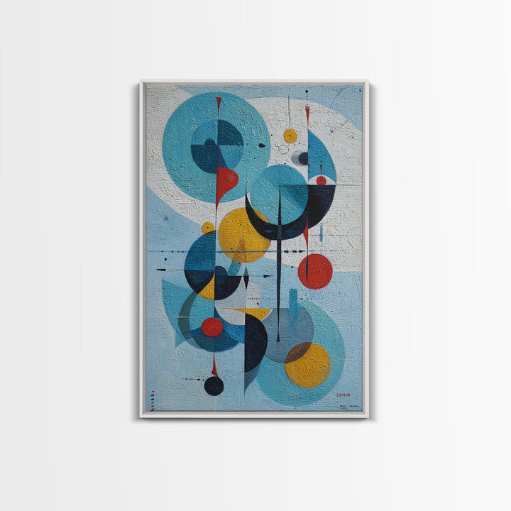 Blue Circle Bauhaus Framed Canvas Print, Midcentury Modern Wall Art, Atomic Geometric Artwork, Red Yellow MCM Decor, Living Room
