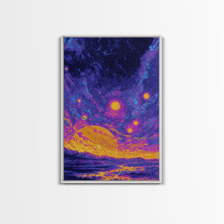 Starry Ocean Sunset Canvas Print, Cosmic Retro Wall Art, Yellow Purple Galaxy Decor, Dreamy Modern Seascape Poster, Living Room
