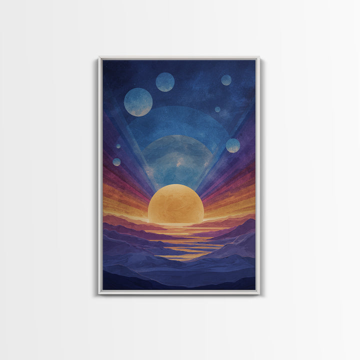 Blue Alien Sunrise Landscape Canvas Print, Modern Abstract Art, Retro Space Poster, Scenic Wall Decor, Bedroom Art Prints