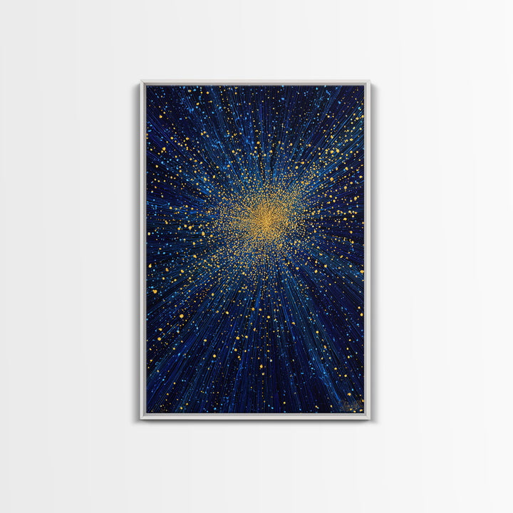 Blue And Gold Starburst Wall Art, Cosmic Particle Explosion, Space Abstract Art, Modern Art Print, Large Living Room Decor