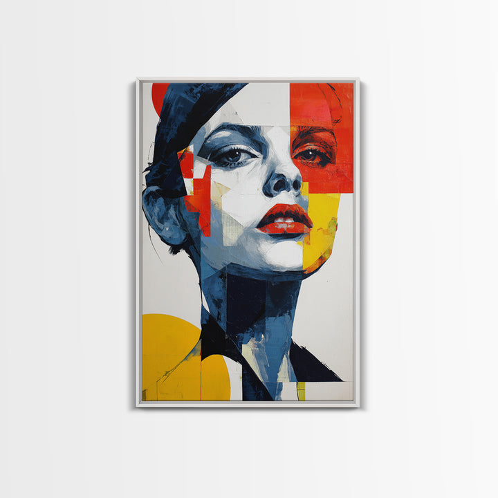 Bold Cubist Woman Portrait Framed Canvas Print, Red Yellow Blue Abstract Wall Art, Pop Art Poster, Modern Decor For Bedroom