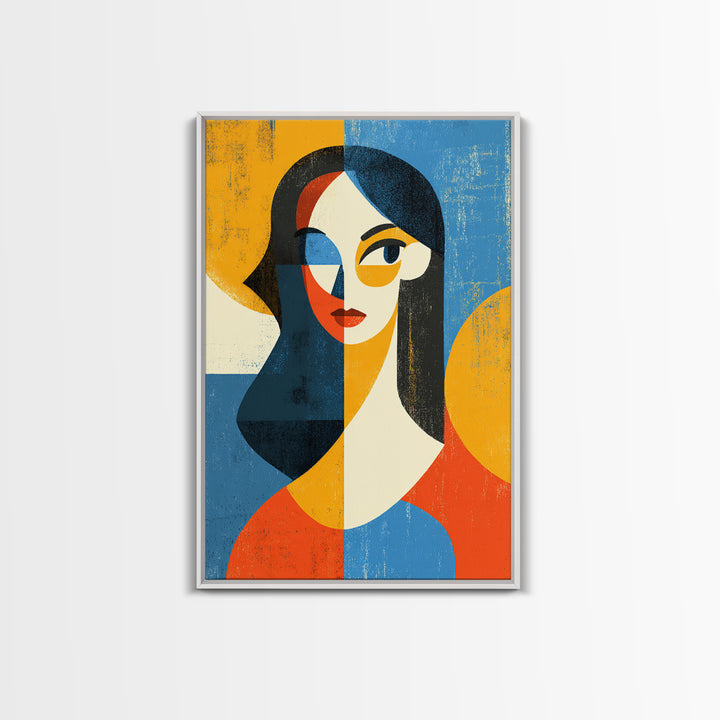 Geometric Midcentury Woman Portrait Canvas Print, Modern Abstract Art, Bauhaus Poster, Orange Blue Decor For Living Room