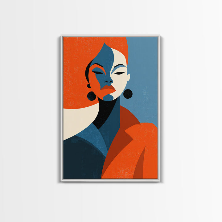 Elegant Orange Blue Woman Portrait Framed Canvas Print, Midcentury Modern Art, Fashion Wall Decor, Bold Retro Poster Gift