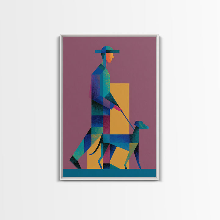 Geometric Man Walking Dog Canvas Print, Midcentury Modern Wall Art, Bauhaus Style Poster, Retro Pet Lover Home Decor Gift