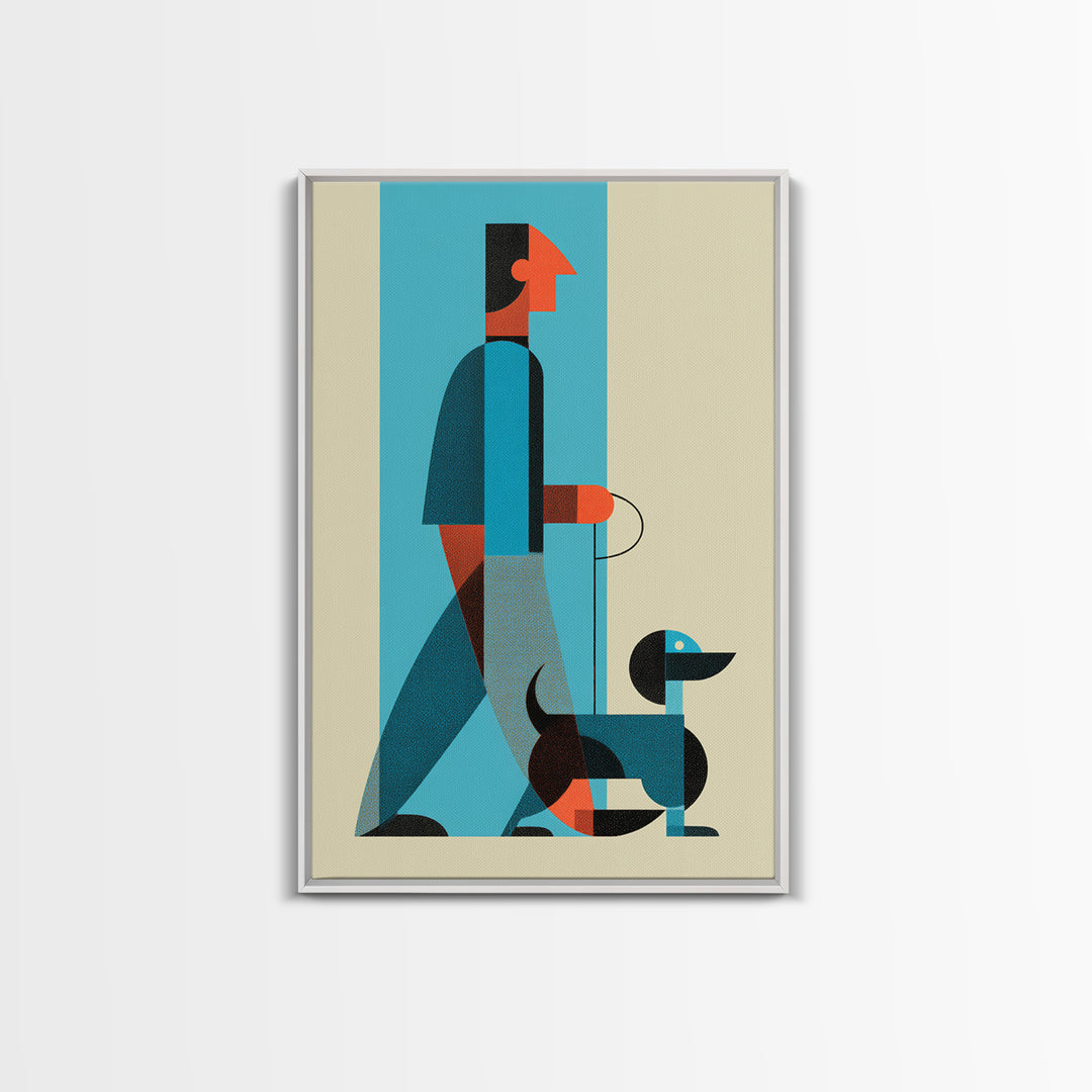 Midcentury Man With Dachshund Wall Art, Geometric Modern Art Print, Retro Dog Walker Poster, Minimalist Home Decor Gift For Dog Lovers