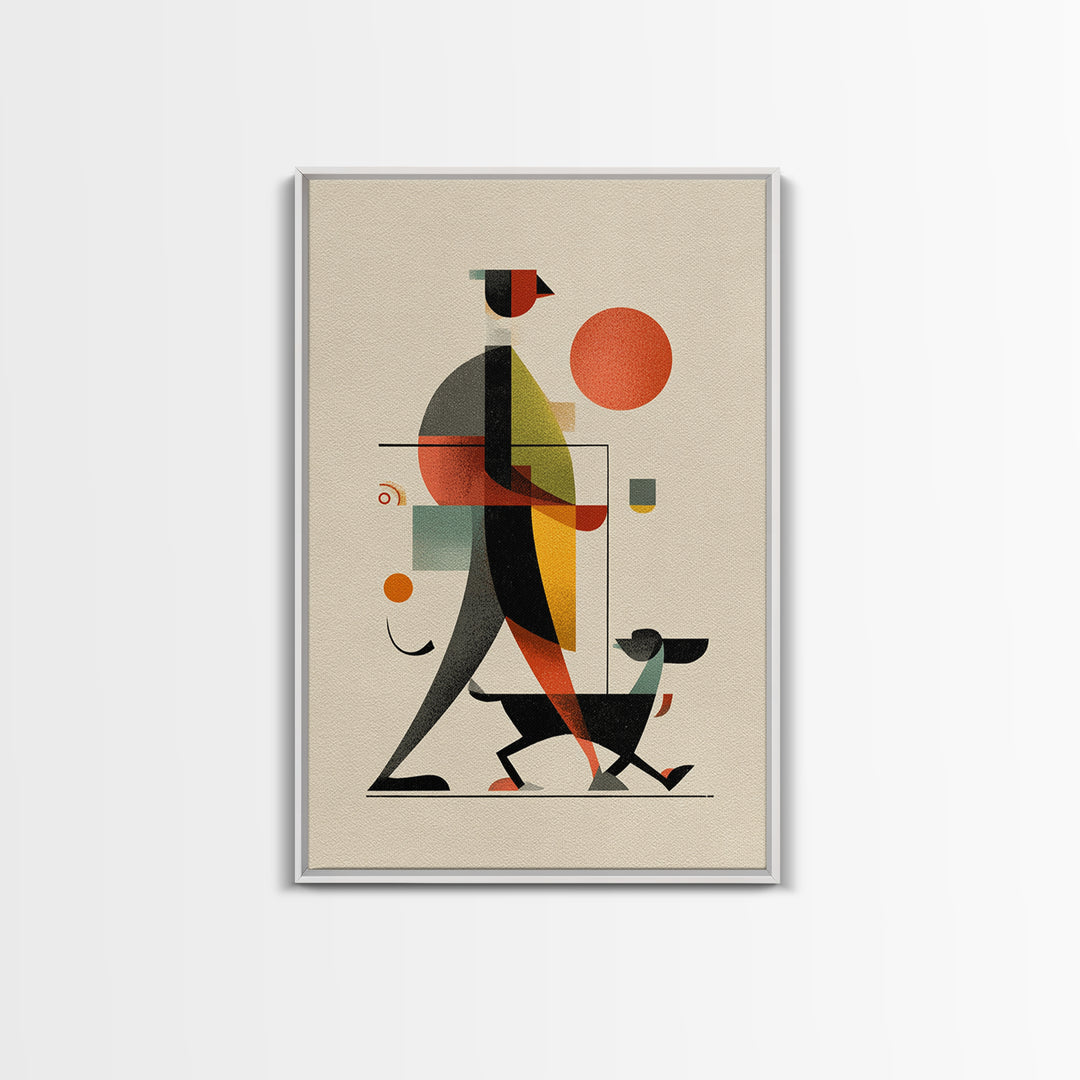 Bauhaus Man Walking Dog Framed Canvas Print, Midcentury Modern Wall Art, Geometric Sun Poster, Retro Home Office Decor Gift