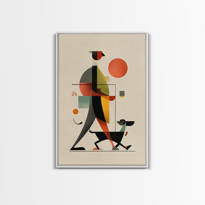 Bauhaus Man Walking Dog Framed Canvas Print, Midcentury Modern Wall Art, Geometric Sun Poster, Retro Home Office Decor Gift