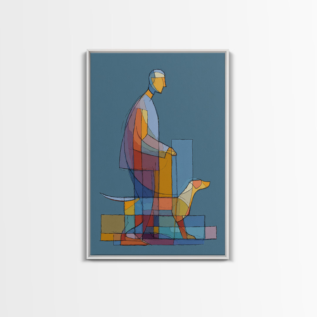 Transparent Geometric Man Dog Wall Art, Midcentury Modern Art Print, Abstract Line Drawing, Blue Bauhaus Living Room Decor