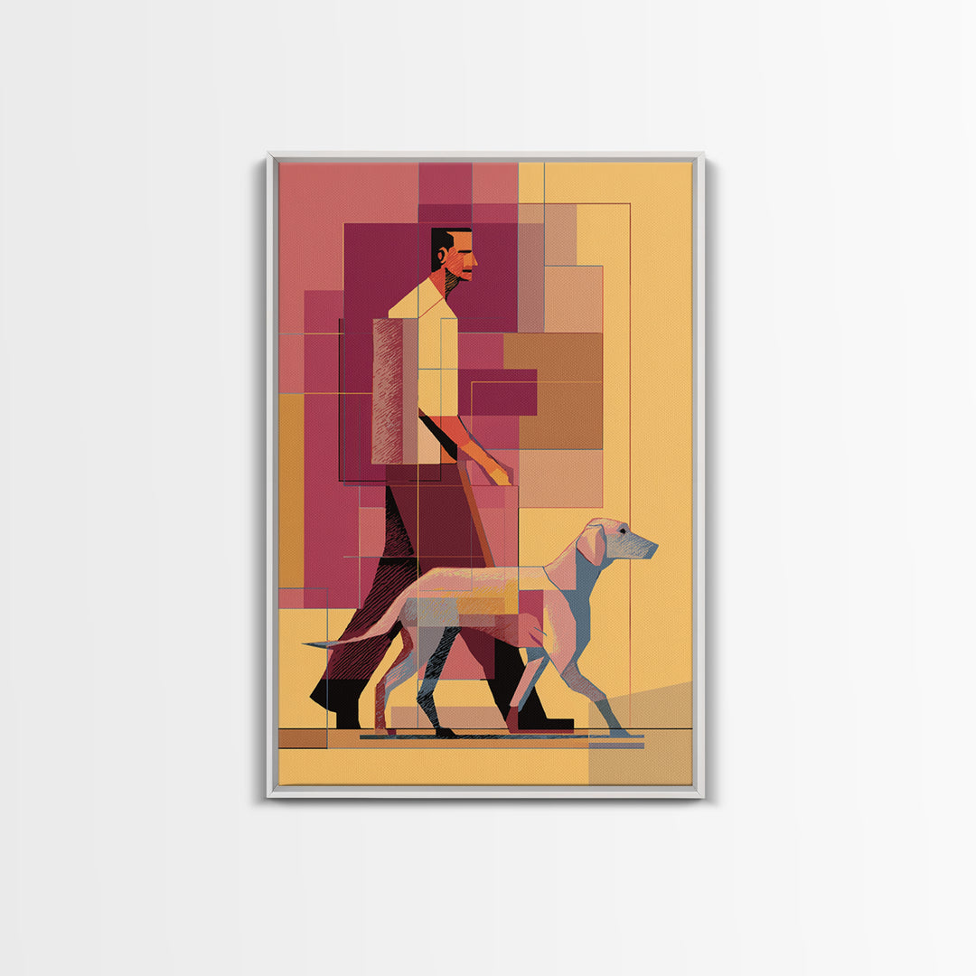 Pastel Man Walking Dog Canvas Print, Midcentury Modern Wall Art, Geometric Pink Orange Poster, Contemporary Pet Decor Gift
