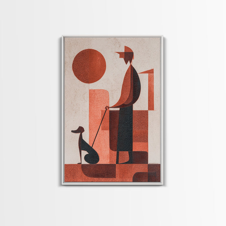 Retro Red Man With Dog Wall Art, Midcentury Modern Art Print, Geometric Sun Poster, Burnt Orange Home Decor Gift For Him