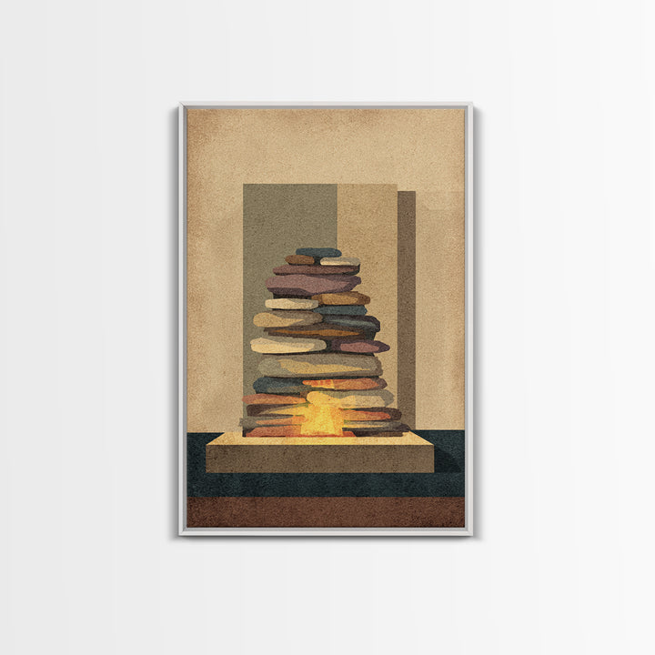Stacked Stone Hearth With Glowing Fire Wall Art, Midcentury Modern Abstract Print, MCM Decor, Earth Tone Living Room Wall Decor