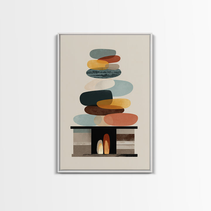 Balanced Pebble Stack Over Fireplace Framed Canvas Print, Midcentury Abstract Wall Art, Neutral MCM Decor, Colorful Home Art