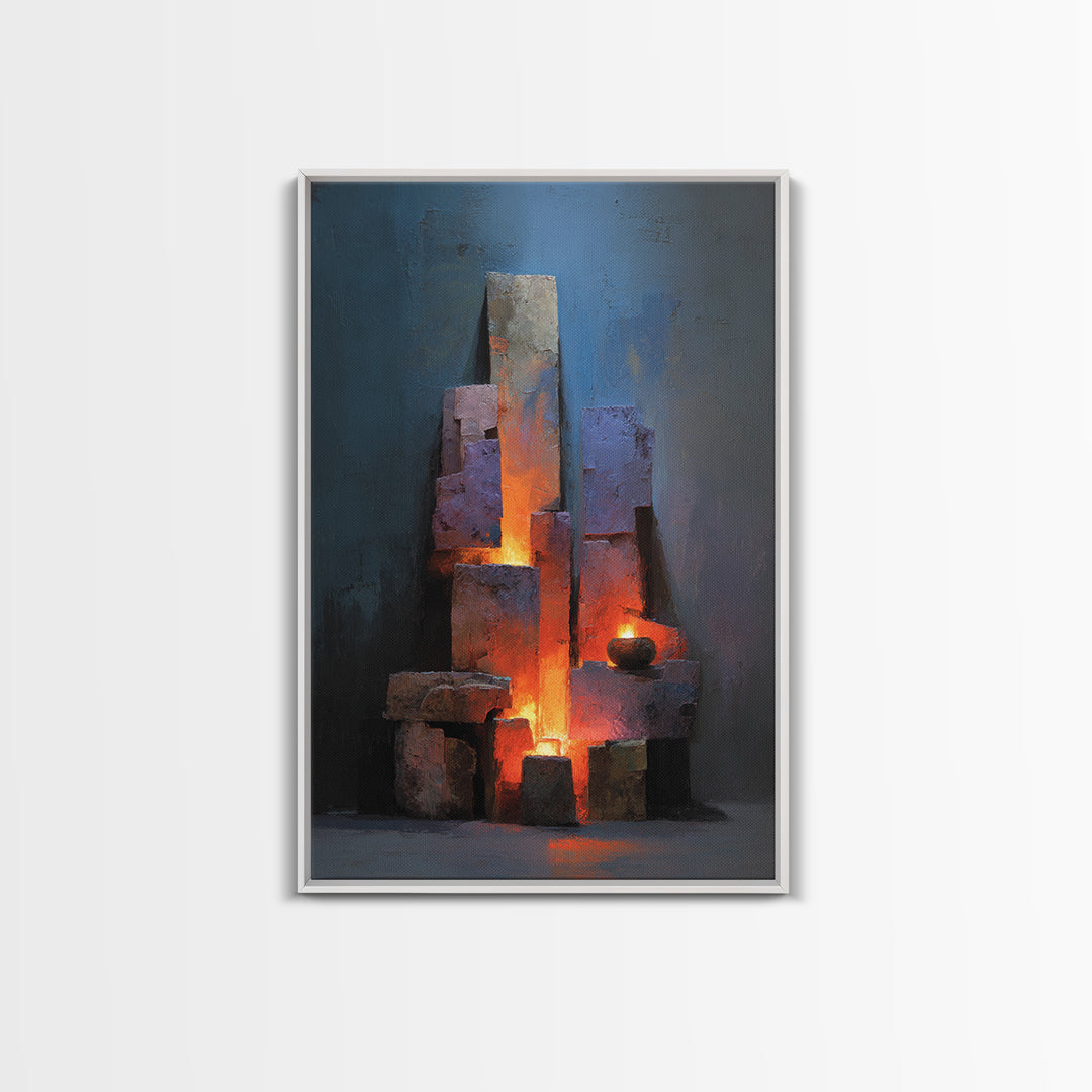 Glowing Brutalist Blocks And Candle Wall Art, Modern Abstract Art Print, Moody Blue Orange Decor, Industrial Home Office Poster