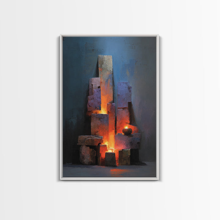 Glowing Brutalist Blocks And Candle Wall Art, Modern Abstract Art Print, Moody Blue Orange Decor, Industrial Home Office Poster
