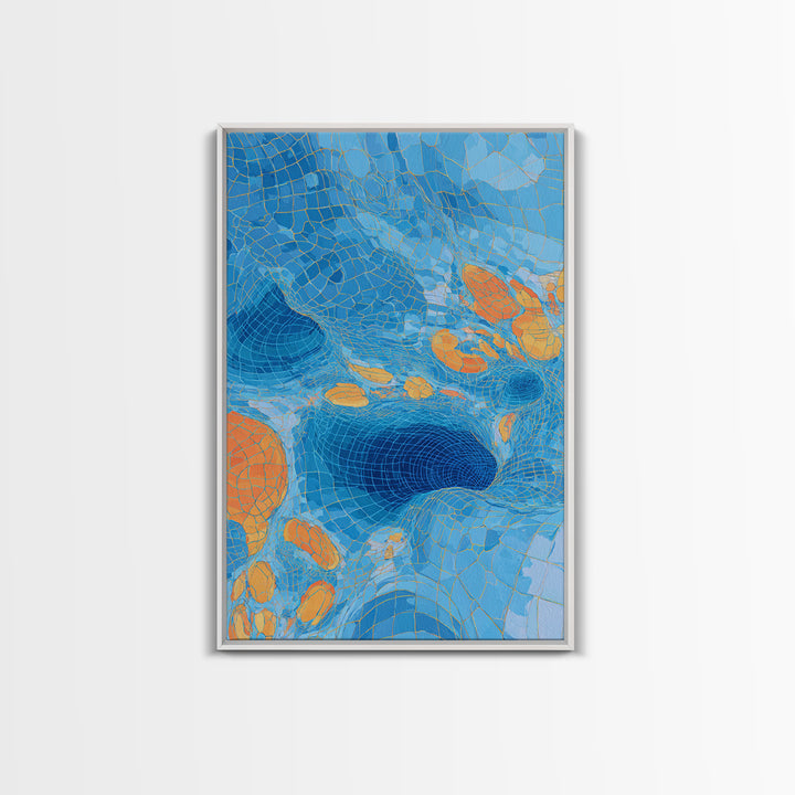 Blue Orange Warped Mosaic Grid Canvas Print, Modern Abstract Art, Op Art Wall Decor, Geometric Wall Art For Living Room Decor