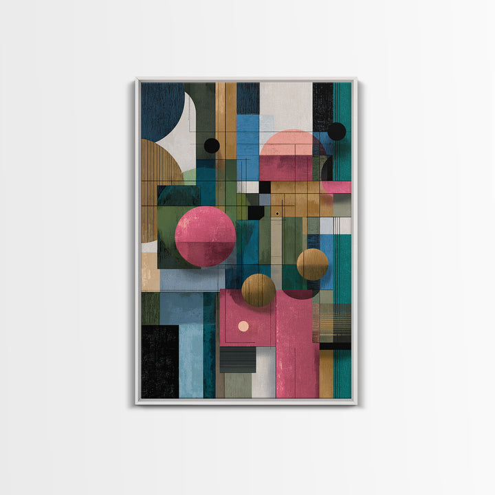 Teal Pink Geometric Architectural Collage Wall Art, Midcentury Modern Print, Bauhaus Abstract Decor, Colorful Home Office Art