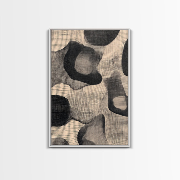 Black Beige Organic Textile Mesh Canvas Print, Minimalist Abstract Wall Art, Neutral Modern Decor, Scandinavian Home Poster