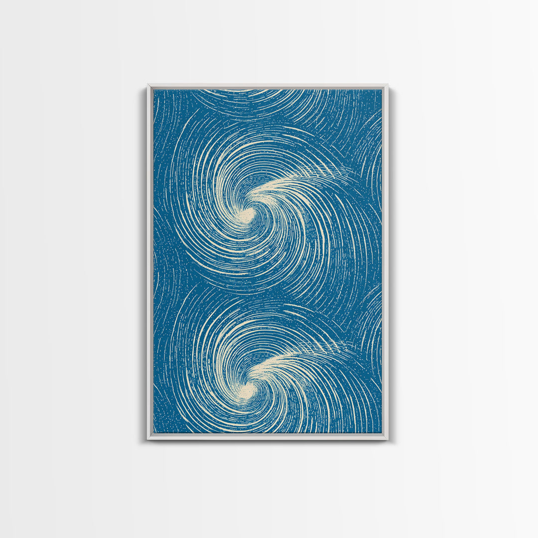 Teal Cream Double Spiral Wave Abstract Canvas Print, Retro Modern Wall Art, Coastal Geometric Poster, Blue Living Room Decor