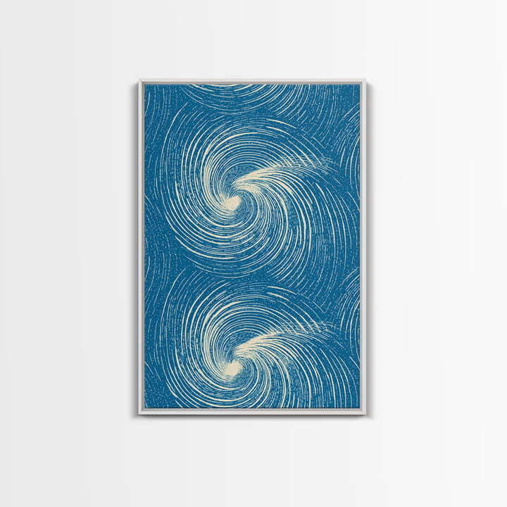 Teal Cream Double Spiral Wave Abstract Canvas Print, Retro Modern Wall Art, Coastal Geometric Poster, Blue Living Room Decor