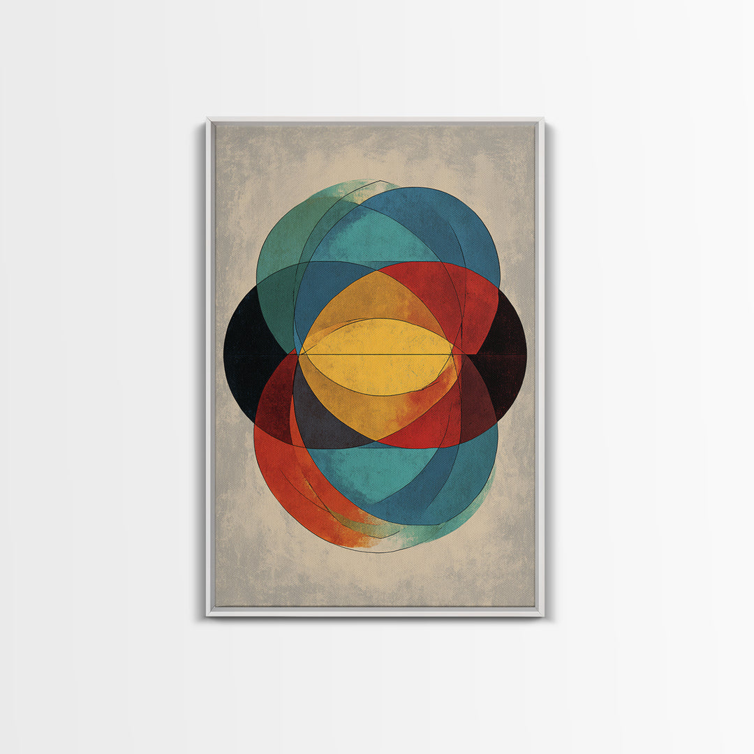 Overlapping Circles Geometric Wall Art, Midcentury Modern Abstract Canvas Print, Bauhaus Style Colorful Home Decor Poster